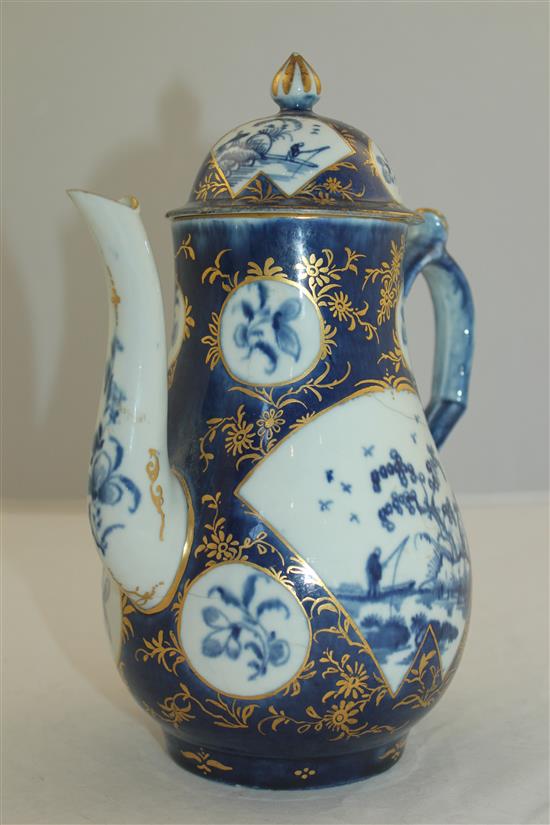 A Worcester powder blue ground coffee pot and cover, c.1760-70, 23cm, damaged
